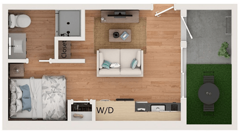 A top-down view of a small apartment layout with labeled sections.